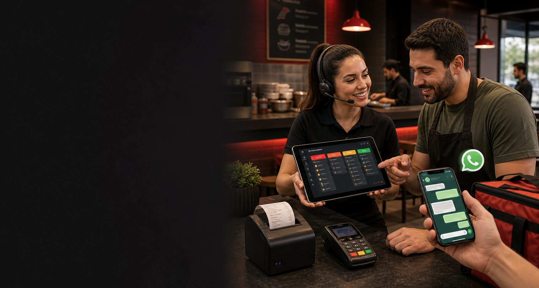 Consultora apresentando o DriveFood pelo WhatsApp e painel para restaurante