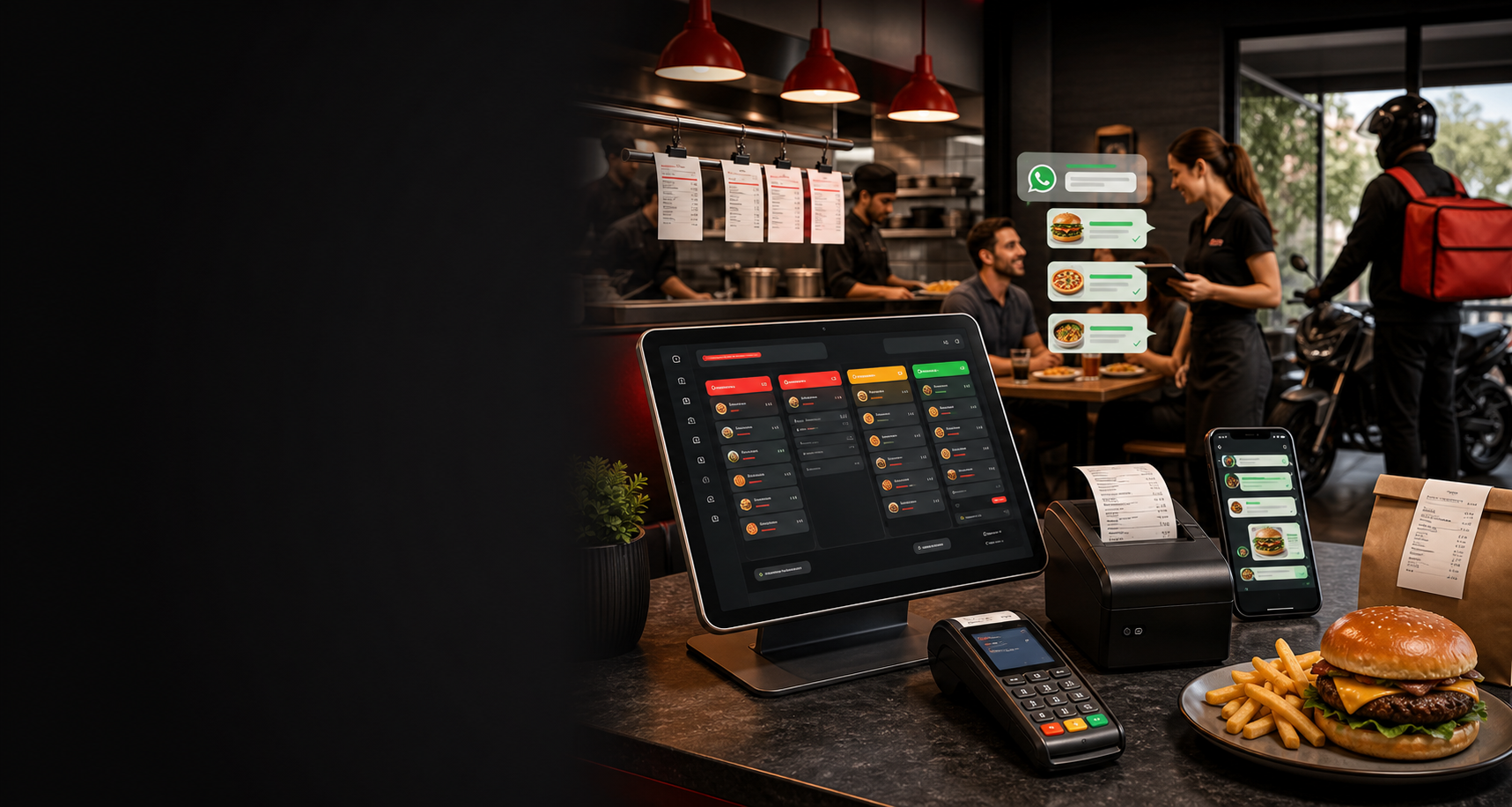 Operação de restaurante com painel de pedidos, WhatsApp, NFC-e, balcão e entrega conectados pelo DriveFood
