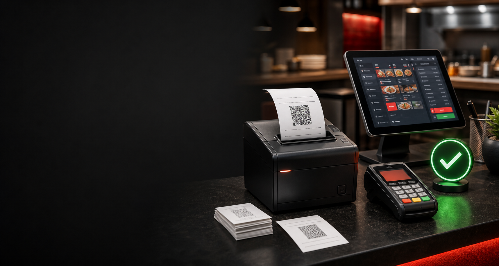 Impressora fiscal emitindo NFC-e com QR code, painel de vendas e maquininha de pagamento