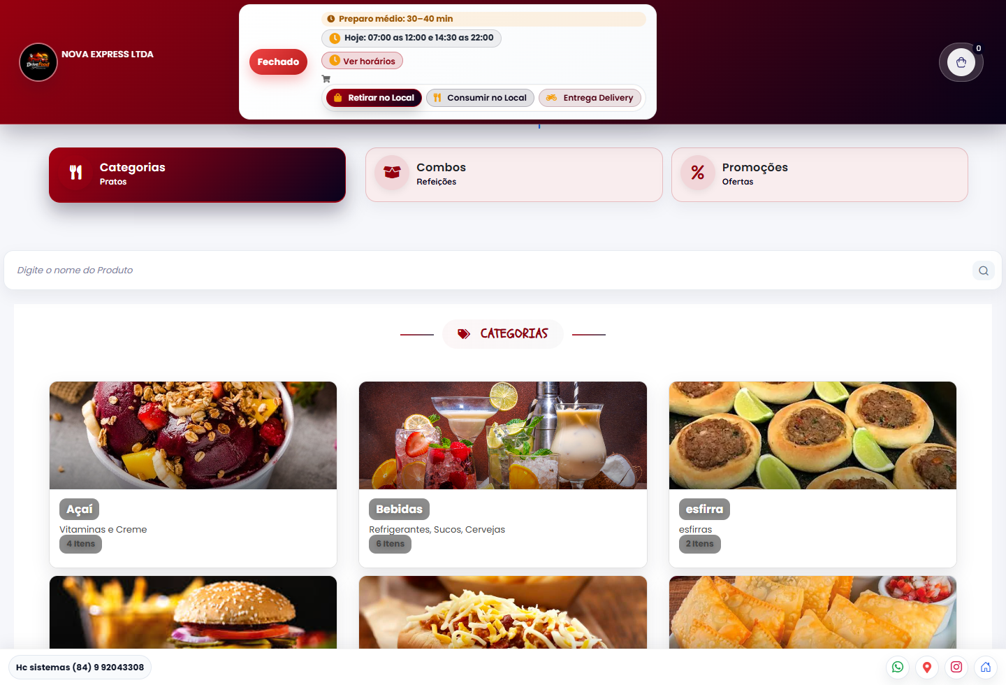 Tela real da demo DriveFood com cardápio online e categorias de produtos