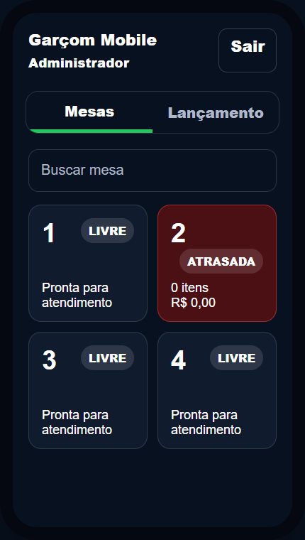 Print do Garçom Mobile do DriveFood com mesas e lançamentos